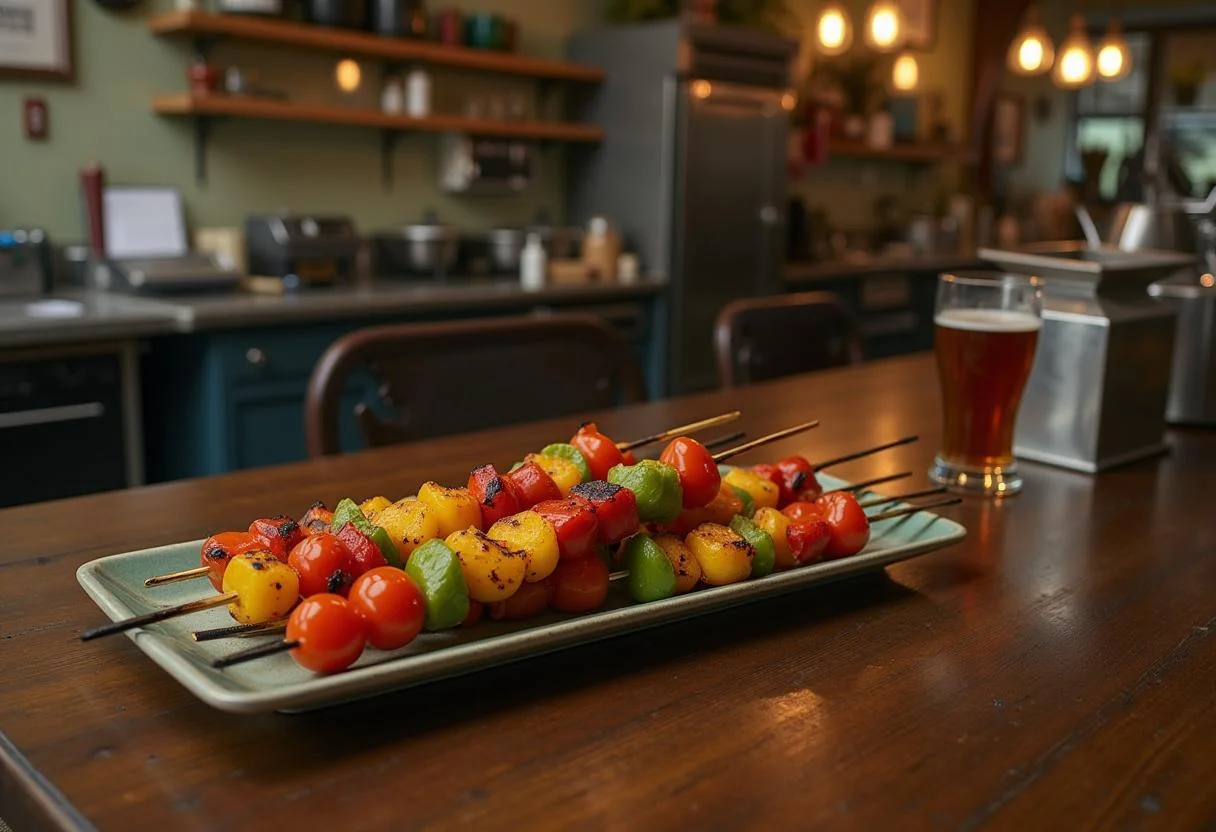 Close-up of Veronica Lodge's Vixen Veggie Skewers on a rustic kitchen table in Riverdale, featuring grilled vegetables with slight charring, set against vintage kitchen decor, reflecting the show's aesthetic.