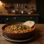 Photorealistic image of Salt Angelina Jolie's Stealthy Spiced Chickpea Stew presented in a rustic setting, highlighting the rich spices and fresh herbs. The scene captures a cozy kitchen inspired by an action movie environment, emphasizing a hearty, flavorful dish perfect for a movie-inspired meal.