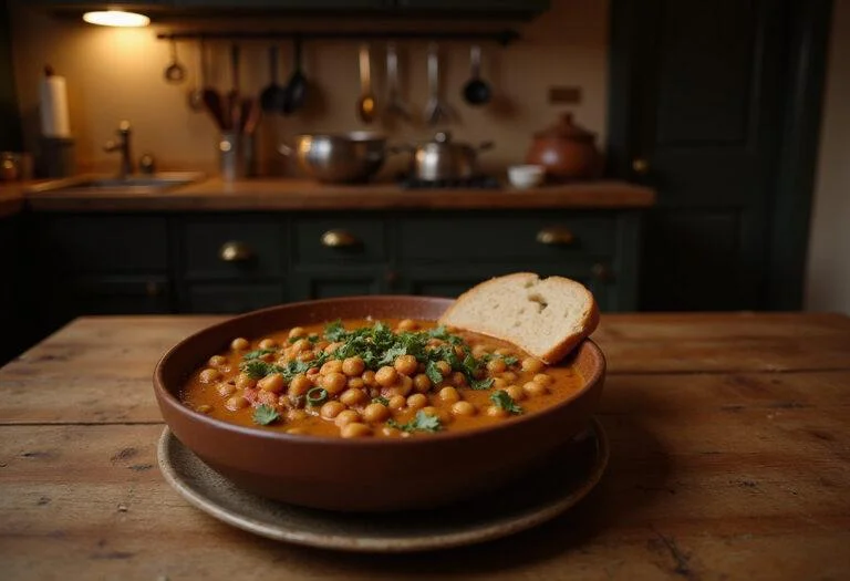 Photorealistic image of Salt Angelina Jolie's Stealthy Spiced Chickpea Stew presented in a rustic setting, highlighting the rich spices and fresh herbs. The scene captures a cozy kitchen inspired by an action movie environment, emphasizing a hearty, flavorful dish perfect for a movie-inspired meal.