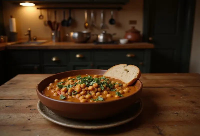 Photorealistic image of Salt Angelina Jolie's Stealthy Spiced Chickpea Stew presented in a rustic setting, highlighting the rich spices and fresh herbs. The scene captures a cozy kitchen inspired by an action movie environment, emphasizing a hearty, flavorful dish perfect for a movie-inspired meal.