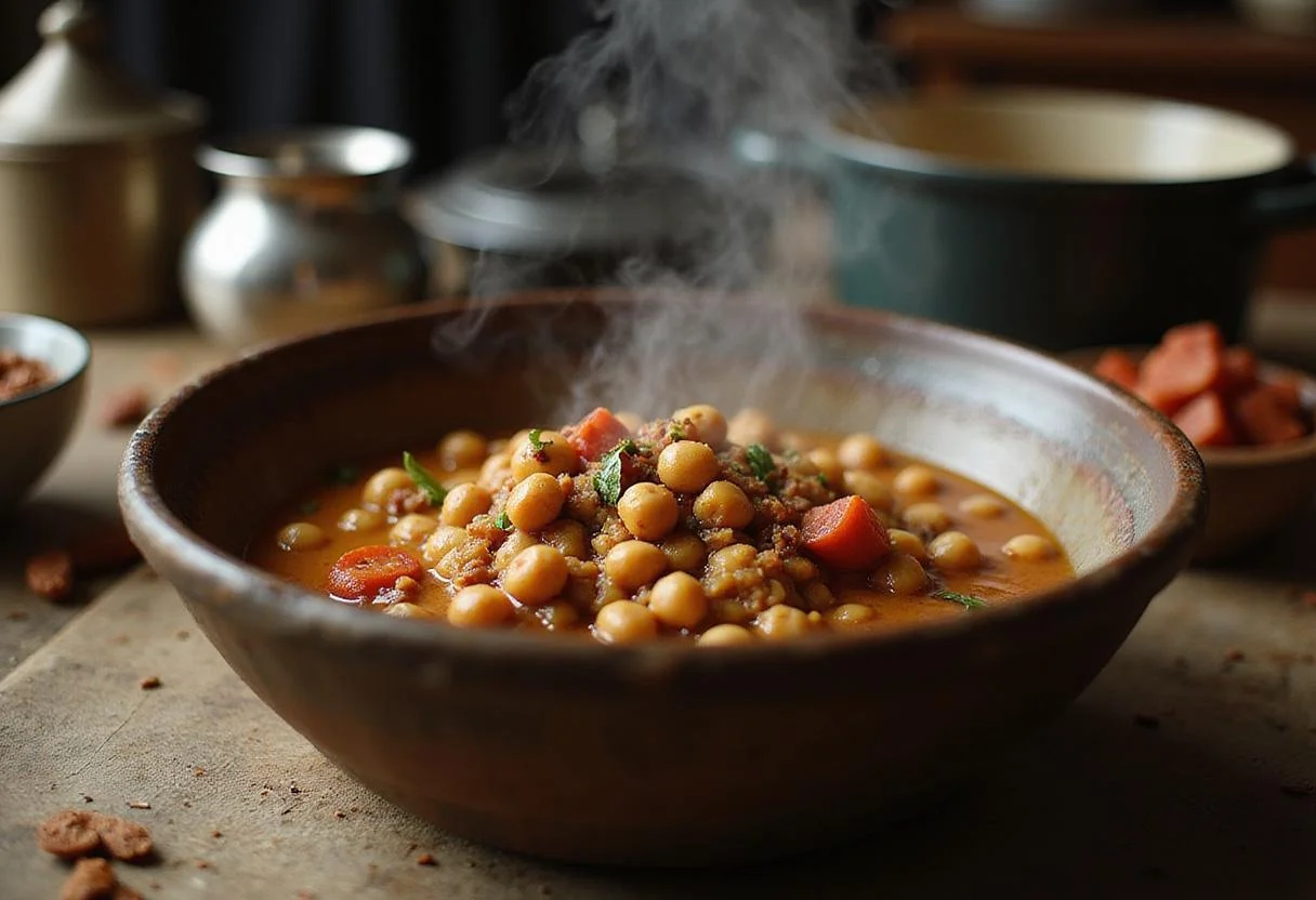Detailed image of Salt Angelina Jolie's Stealthy Spiced Chickpea Stew with visible spices and herbs, set in an action movie-inspired kitchen scene conveying warmth and readiness for an intense adventure.