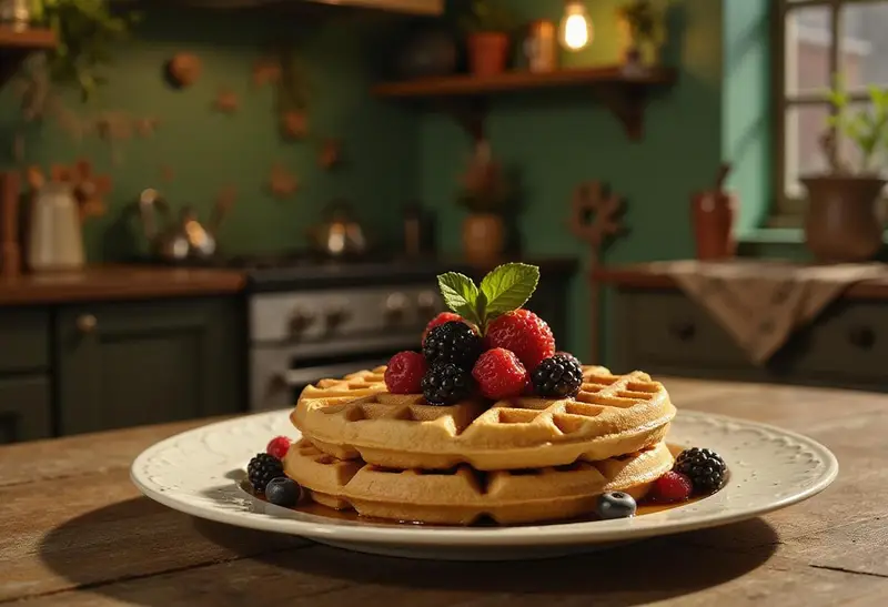 A plate of Donkey's waffles inspired by Shrek, covered with berries and syrup, served in a fairytale-inspired kitchen with rustic and swamp-themed decor, creating a cozy fairytale breakfast setting.