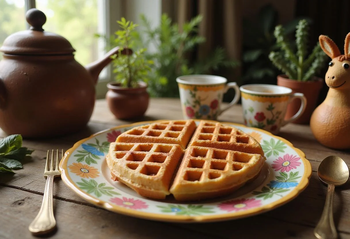 Donkey's waffles from Shrek displayed on a colorful plate in a fairytale forest-themed kitchen, with natural sunlight highlighting the whimsical breakfast scene and rustic decor inspired by fairy tales.