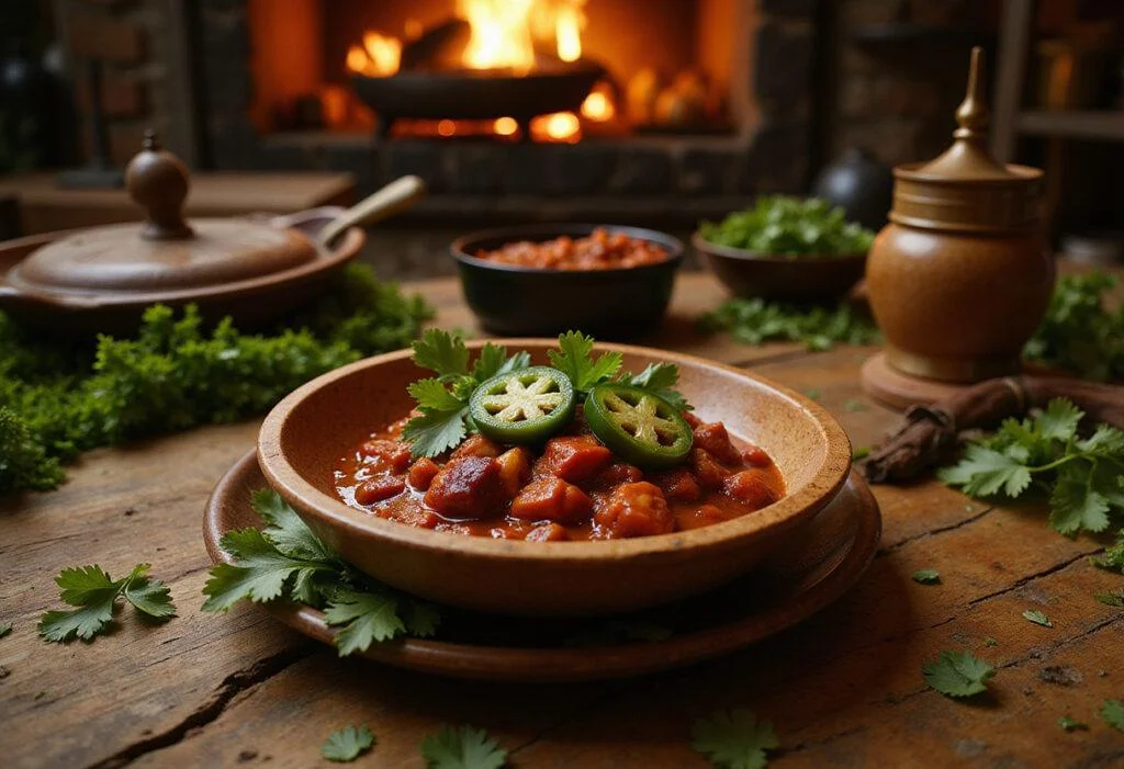 A close-up of a bowl of spicy Dragon's Fire Breath Chili garnished with cilantro and jalapeño slices, arranged on a rustic wooden table inside a cozy fairytale kitchen with medieval decorations and warm lighting, capturing the essence of a Shrek-inspired fantasy world.