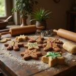 Close-up of beautifully decorated Gingy gingerbread cookies on a wooden platter, with icing details showing cheerful faces and accessories. The setting is a cozy fairytale-inspired kitchen with vintage baking tools and fairy-tale decorations, creating a whimsical baking scene inspired by the Shrek universe.
