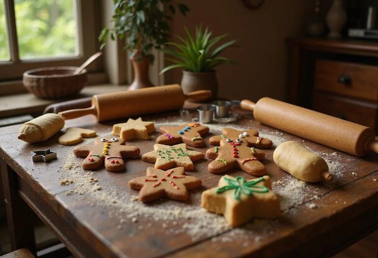 Close-up of beautifully decorated Gingy gingerbread cookies on a wooden platter, with icing details showing cheerful faces and accessories. The setting is a cozy fairytale-inspired kitchen with vintage baking tools and fairy-tale decorations, creating a whimsical baking scene inspired by the Shrek universe.