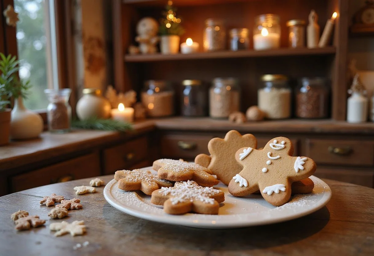 A festive scene of Gingy gingerbread cookies displayed in a cozy fairy-tale bakery setting, with baking utensils and ingredients around. The atmosphere is warm and inviting, evoking the whimsical world of Shrek where these cheerful cookies are baked for a celebration or special occasion. This image perfectly captures the essence of our Gingy gingerbread delight.