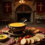 A detailed image of Lord Farquaad's Fanciful Fondue served in a grand castle room, showing a luxurious cheese fondue surrounded by bread, vegetables, and meats on a medieval-style table. The scene captures the fairytale theme with regal decor and noble surroundings.