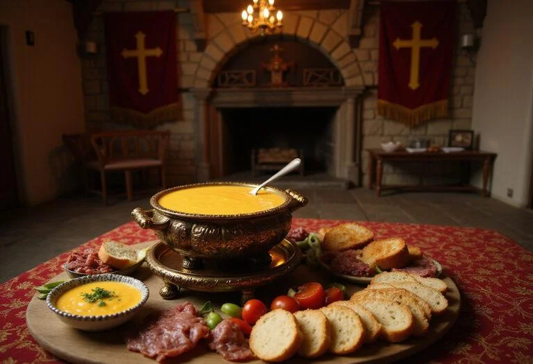 A detailed image of Lord Farquaad's Fanciful Fondue served in a grand castle room, showing a luxurious cheese fondue surrounded by bread, vegetables, and meats on a medieval-style table. The scene captures the fairytale theme with regal decor and noble surroundings.