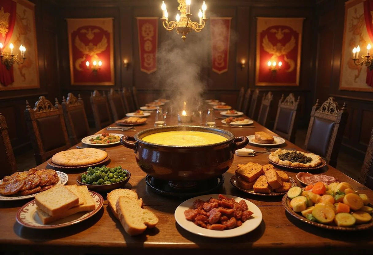 A vivid scene of a royal dining setting with Lord Farquaad's Fanciful Fondue as the centerpiece. The bubbling cheese fondue is surrounded by fresh bread, vegetables, and meats on a rustic wooden table, illuminated by chandeliers, emphasizing a fairytale castle feast.