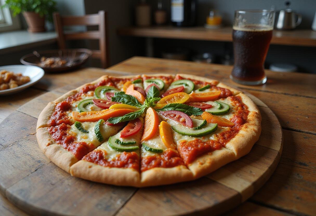 A vibrant veggie pizza inspired by Spider-Man, with toppings arranged in a web pattern, served on a rustic wooden table in a modern kitchen setting, showcasing a colorful, Marvel-themed meal.