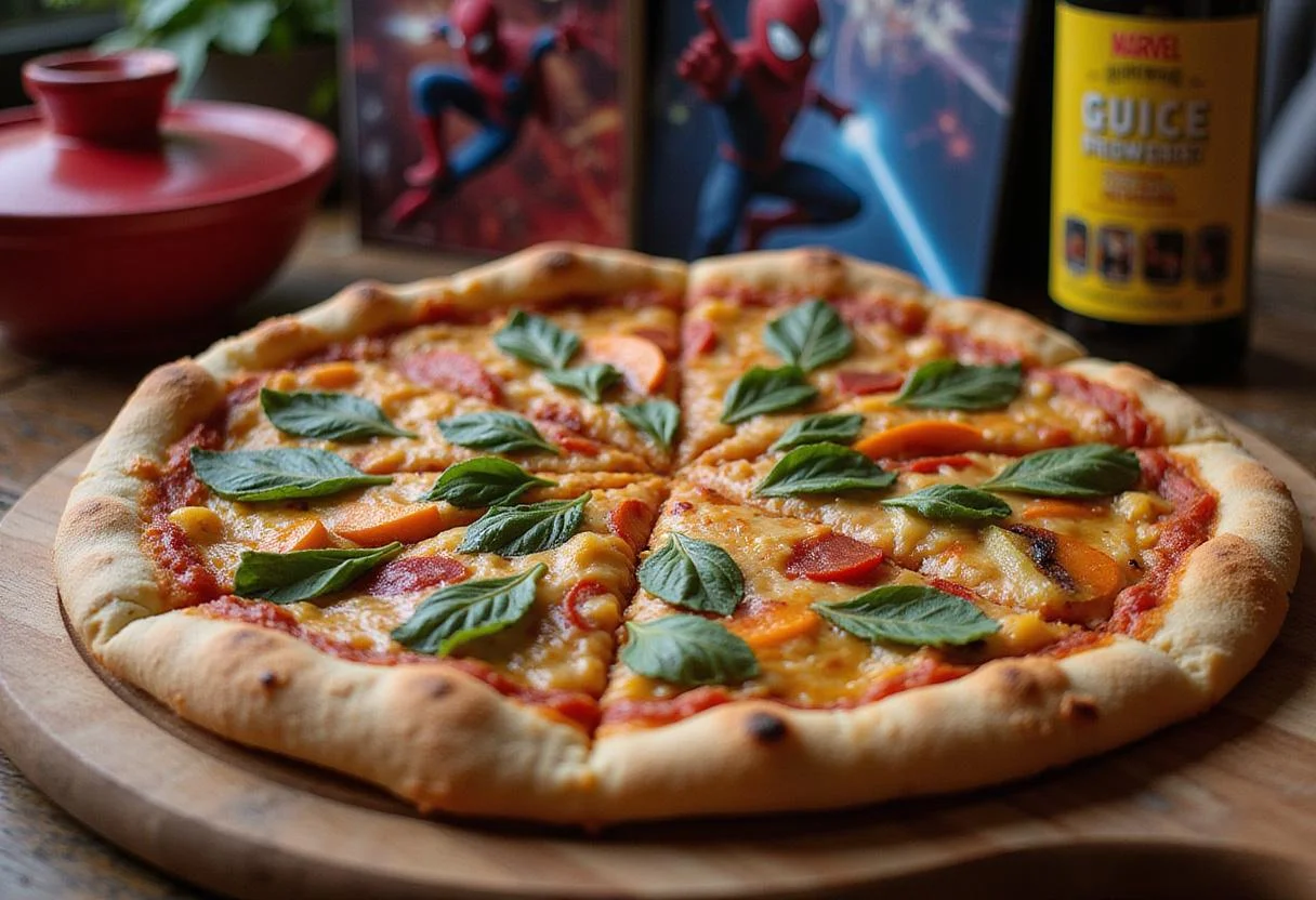 Close-up of a Spider-Man-themed veggie pizza with web-patterned toppings on a wooden board, with Marvel posters and themed decor in the background, creating an immersive superhero-inspired food display.
