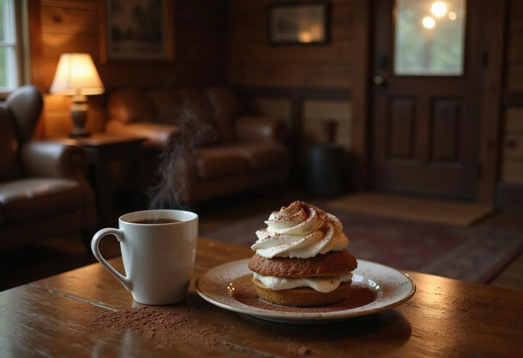 A realistic scene of Hopper's Coffee and Contemplation Cake on a wooden table inside a cabin, with whipped cream topping and cocoa dust, accompanied by a steaming mug of coffee, creating a cozy Stranger Things-inspired atmosphere.