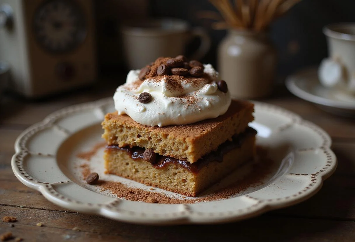 A realistic image of Hopper's Coffee and Contemplation Cake on a ceramic plate in a rustic kitchen setting, topped with whipped cream and cocoa powder, with vintage kitchen items in the background, inspired by Stranger Things.