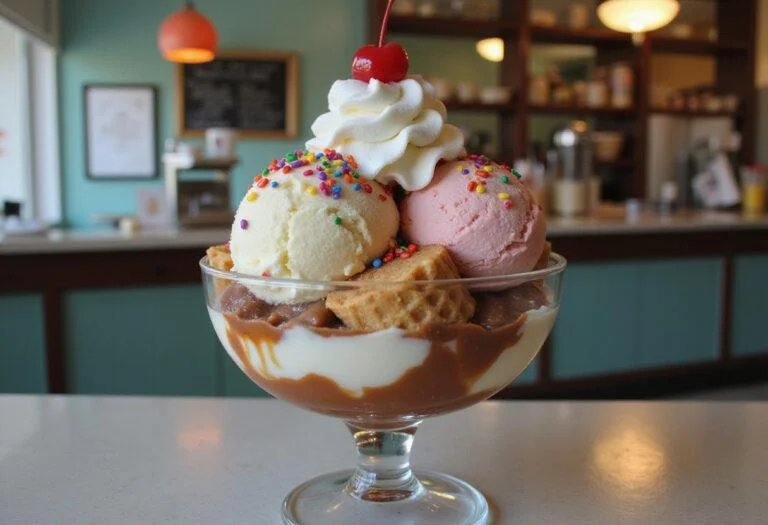 A detailed scene of Steve Harrington's Scoops Ahoy Sundae in a retro ice cream shop setting, featuring the sundae with whipped cream, colorful sprinkles, a cherry on top, and a nautical-themed background reminiscent of Stranger Things.