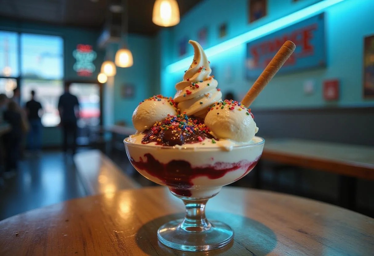 A realistic image showing Steve Harrington's Scoops Ahoy Sundae in a retro ice cream shop, highlighting the layered ice cream with whipped cream, sprinkles, and cherry, set against a nostalgic Stranger Things-inspired background with neon accents.