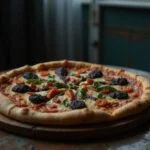 Stranger Things Upside Down Pizza, a dark-themed savory dish with blackened toppings and melted cheese, presented on a rustic plate in a moody setting reminiscent of the show's eerie atmosphere.