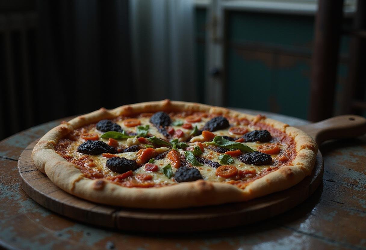 Stranger Things Upside Down Pizza, a dark-themed savory dish with blackened toppings and melted cheese, presented on a rustic plate in a moody setting reminiscent of the show's eerie atmosphere.