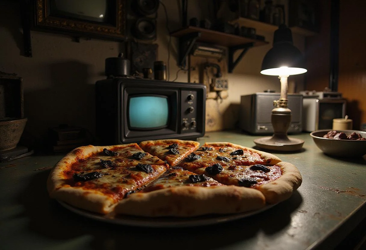 Freshly baked Stranger Things Upside Down Pizza on a kitchen counter, with a darkly themed background of vintage electronics and mysterious items, capturing the eerie vibe of the TV show.