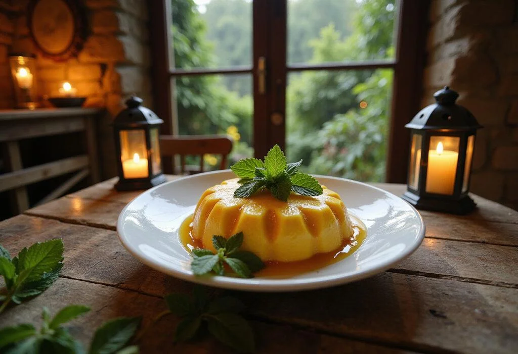Close-up of a colorful mango mousse served in a rustic bowl, garnished with mint and honey, set on a wooden table with glowing lanterns and lush greenery in the background, capturing the enchanted atmosphere of Narnia.
