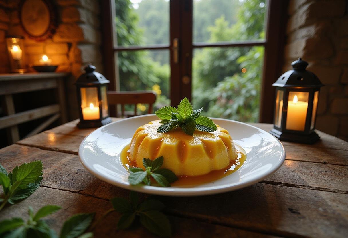 Close-up of a colorful mango mousse served in a rustic bowl, garnished with mint and honey, set on a wooden table with glowing lanterns and lush greenery in the background, capturing the enchanted atmosphere of Narnia.