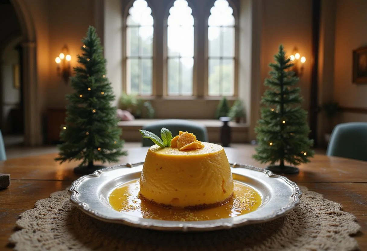 A stunning presentation of mango mousse on a silver tray in a luminous hall with arched windows, decorated with fantasy ornaments and fairy lights, embodying the majestic ambiance of Narnia.