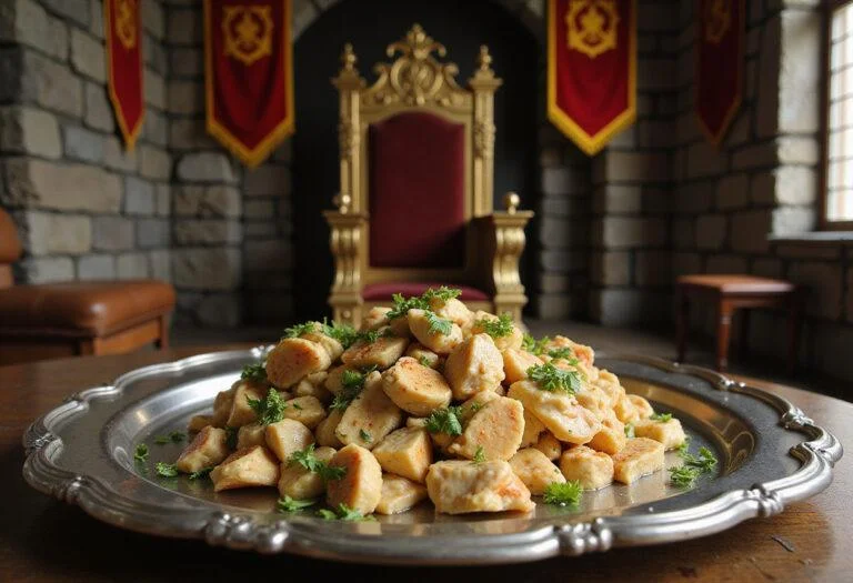A realistic presentation of Cair Paravel Coronation Chicken on a silver platter in a grand castle throne room with stone walls and banners, showcasing a fantasy-themed Narnia meal on a regal table.