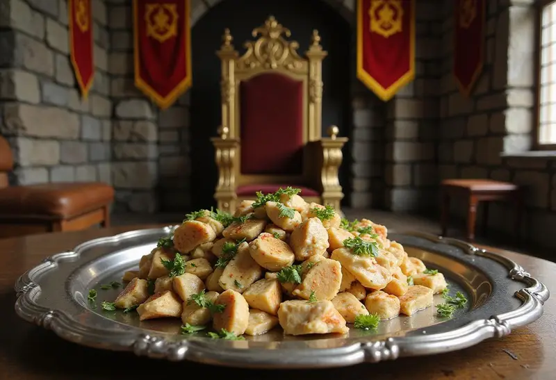 A realistic presentation of Cair Paravel Coronation Chicken on a silver platter in a grand castle throne room with stone walls and banners, showcasing a fantasy-themed Narnia meal on a regal table.