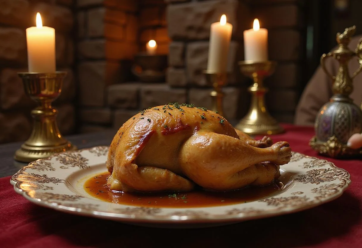 A detailed view of Cair Paravel Coronation Chicken presented on a decorative plate in a Narnia castle setting, with stone walls and torchlight evoking a magical fantasy environment.