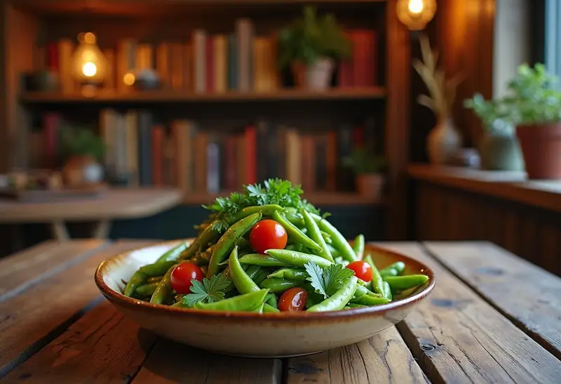 A realistic scene of Edmund's Envy Edamame Salad served in a ceramic bowl on a wooden table inside a cozy Narnia-inspired inn, with vibrant edamame beans, cherry tomatoes, and herbs, set in a magical, medieval-themed setting.