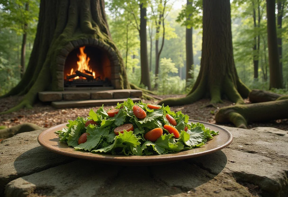 A realistic image of Edmund's Envy Edamame Salad resting on a stone table in a Narnia forest, surrounded by tall trees and soft sunlight, emphasizing the magical and natural environment of Narnia.