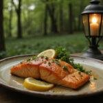 A realistic image of lemonade glazed salmon on a rustic wooden table, garnished with herbs and lemon slices, with an enchanted forest and vintage lamp post in the background, evoking the fantasy atmosphere of Narnia.