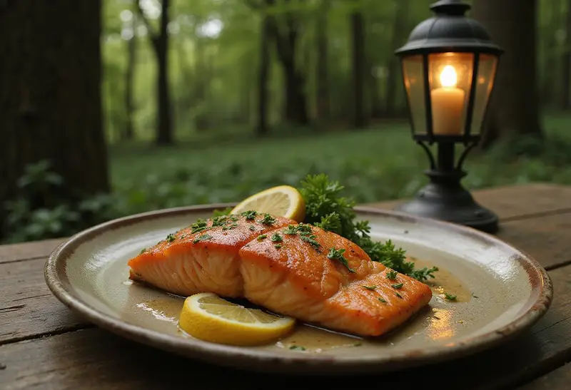 A realistic image of lemonade glazed salmon on a rustic wooden table, garnished with herbs and lemon slices, with an enchanted forest and vintage lamp post in the background, evoking the fantasy atmosphere of Narnia.