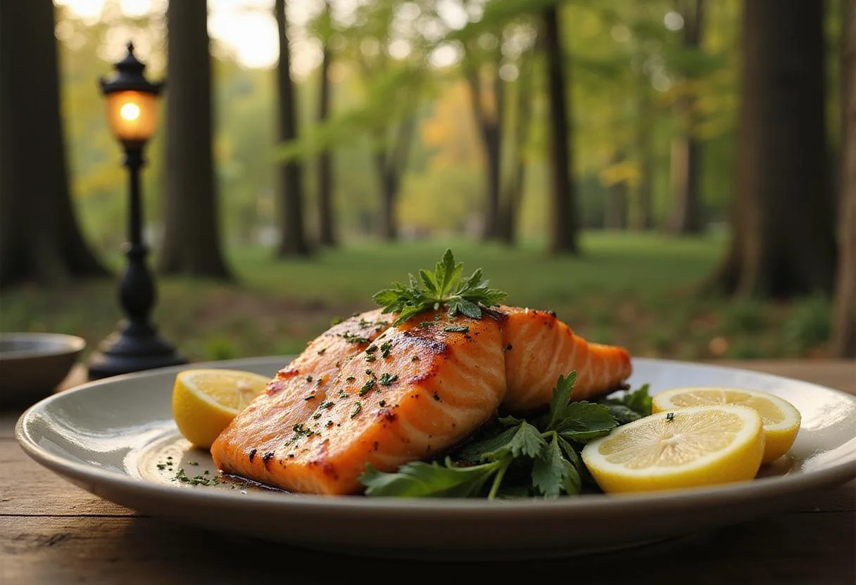 Realistic scene of lemonade glazed salmon on a ceramic plate, with herbs and lemons, set outdoors with tall trees and an old-fashioned lamp post in the background, capturing the fantasy setting of Narnia.