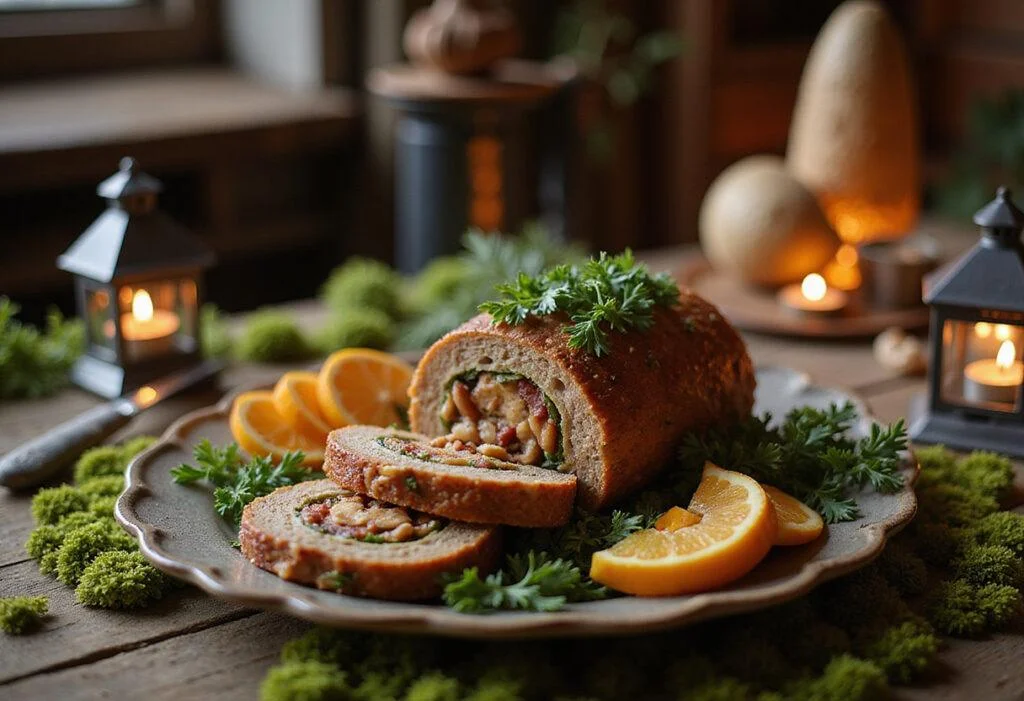 A detailed close-up of a Narnian Nut Roast, served on a stone platter with sprigs of thyme and herbs, presented in a fantasy forest environment with glowing lanterns and lush greenery, capturing the mystical essence of the Chronicles of Narnia.