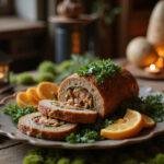 A detailed close-up of a Narnian Nut Roast, served on a stone platter with sprigs of thyme and herbs, presented in a fantasy forest environment with glowing lanterns and lush greenery, capturing the mystical essence of the Chronicles of Narnia.