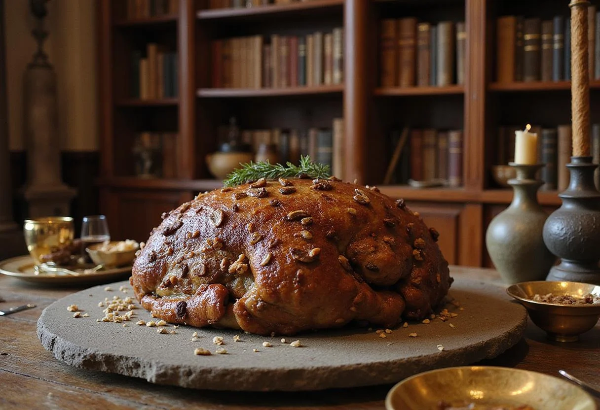 A scene showing a hearty Narnian Nut Roast on a rustic serving platter in a fantasy setting with medieval decor, emphasizing its role as a special dish in the magical world of Chronicles of Narnia, with warm ambient lighting.