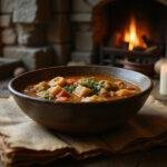 A realistic scene of Narnia Stone Table Soup served in a rustic bowl on a wooden table inside a mystical stone chamber, with vegetables and herbs floating in the rich broth, surrounded by ancient scrolls and medieval candles, evoking a magical, fantasy atmosphere.