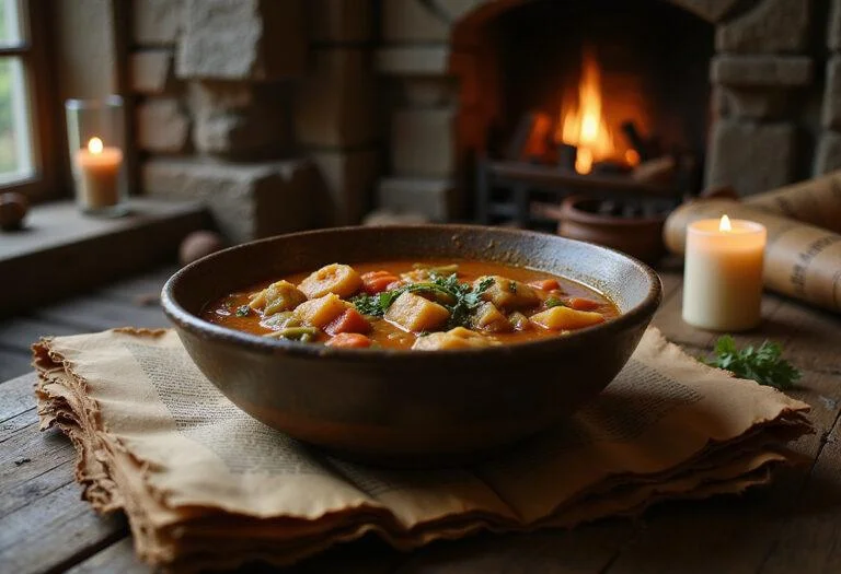 A realistic scene of Narnia Stone Table Soup served in a rustic bowl on a wooden table inside a mystical stone chamber, with vegetables and herbs floating in the rich broth, surrounded by ancient scrolls and medieval candles, evoking a magical, fantasy atmosphere.