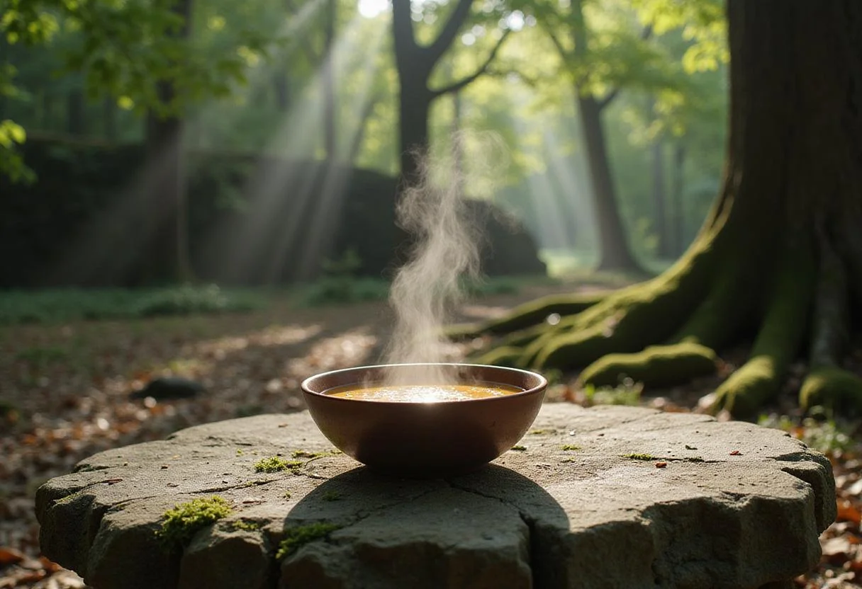 A detailed image of Narnia Stone Table Soup in a bowl on a carved stone table amidst an enchanted forest clearing, with sunlight filtering through trees, evoking a magical and mystical atmosphere from the Narnia world.