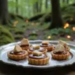 Narnia Turkish Delight Tarts beautifully presented on a silver platter in a magical forest setting, capturing the enchanting theme of the movie with lush greenery and fairy lights, highlighting the fantasy dessert's glossy topping and Turkish delight accents.