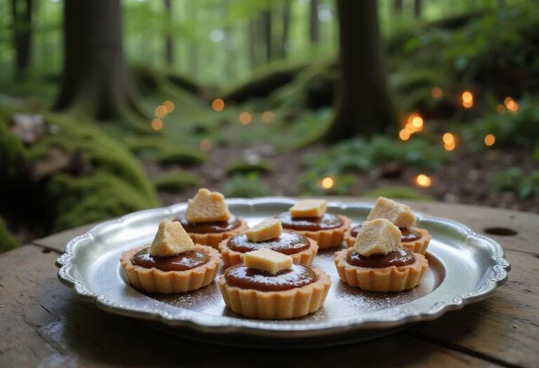 Narnia Turkish Delight Tarts beautifully presented on a silver platter in a magical forest setting, capturing the enchanting theme of the movie with lush greenery and fairy lights, highlighting the fantasy dessert's glossy topping and Turkish delight accents.