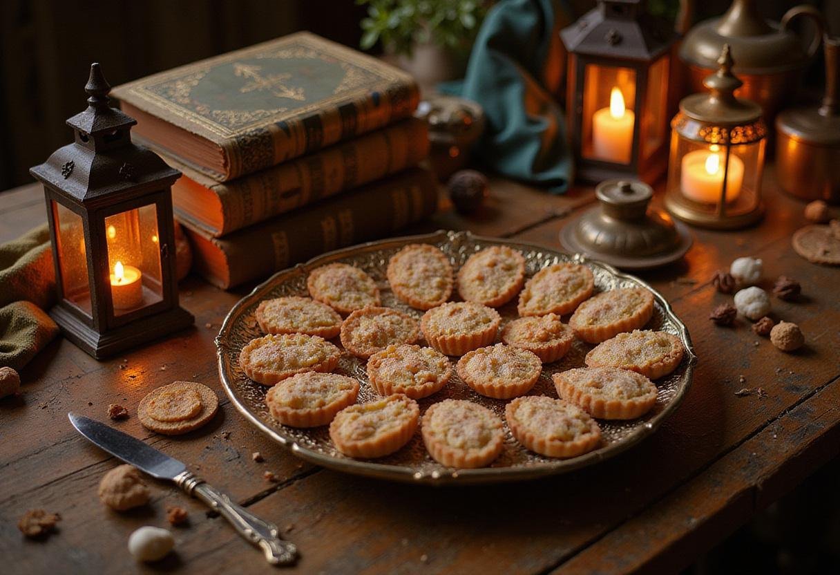 Narnia Turkish Delight Tarts at a magical feast with a wooden table, surrounded by enchanting artifacts and warm lantern light that enhances the fantasy ambiance of the scene.