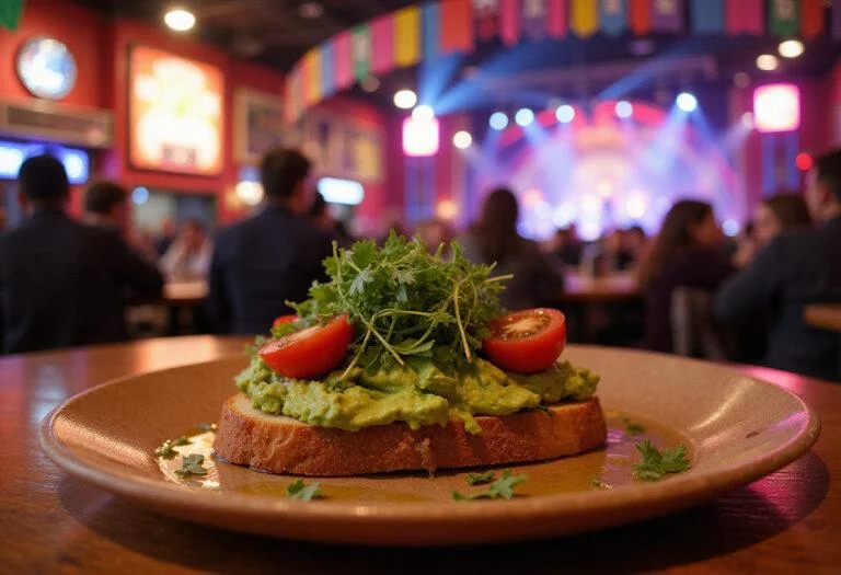 A close-up of a gourmet avocado toast with fresh avocado slices, microgreens, and cherry tomatoes, presented on a rustic plate amidst a lively circus-themed background featuring banners and bright lighting from The Greatest Showman movie scene.