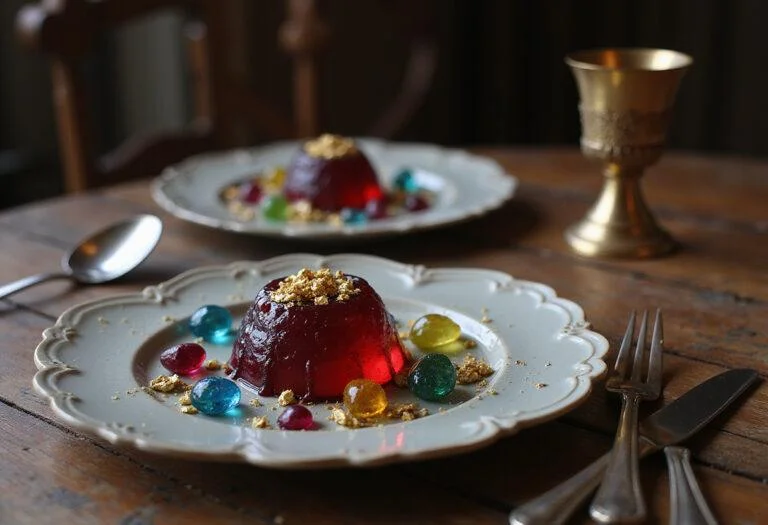 A beautiful, gemstone-colored Erebor Jelly dessert plated on a rustic wooden table, styled with medieval-themed silverware and a goblet, capturing the fantasy hobbit atmosphere. The jelly sparkles with vibrant hues and gold accents.