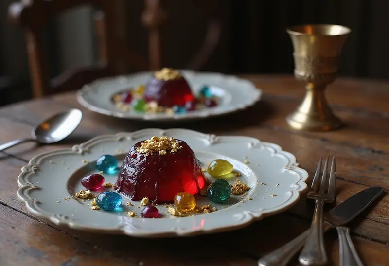 A beautiful, gemstone-colored Erebor Jelly dessert plated on a rustic wooden table, styled with medieval-themed silverware and a goblet, capturing the fantasy hobbit atmosphere. The jelly sparkles with vibrant hues and gold accents.