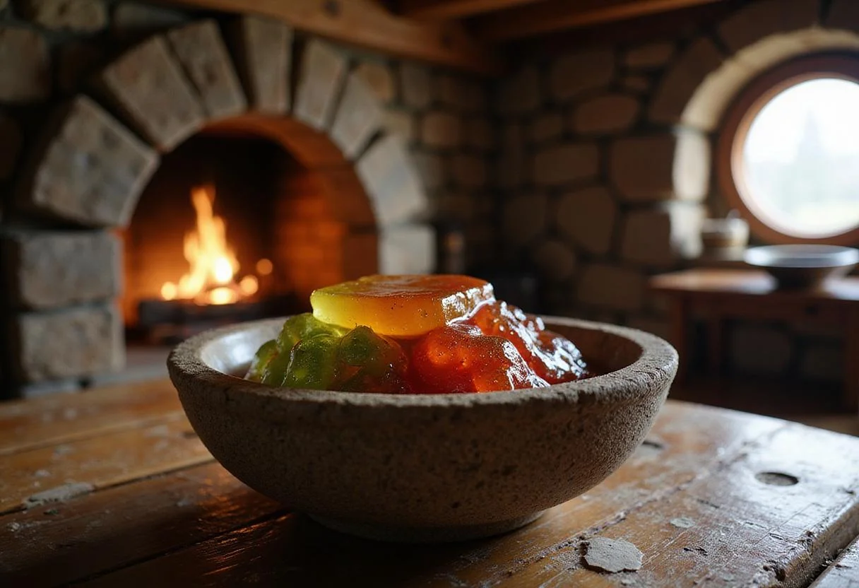 Close-up of Erebor Gemstone Jelly in a carved stone bowl set on a wooden table inside a hobbit hole. The translucent, vibrant layers glow softly in warm lighting, with a cozy background featuring a stone fireplace and wooden beams, evoking a fantasy atmosphere.