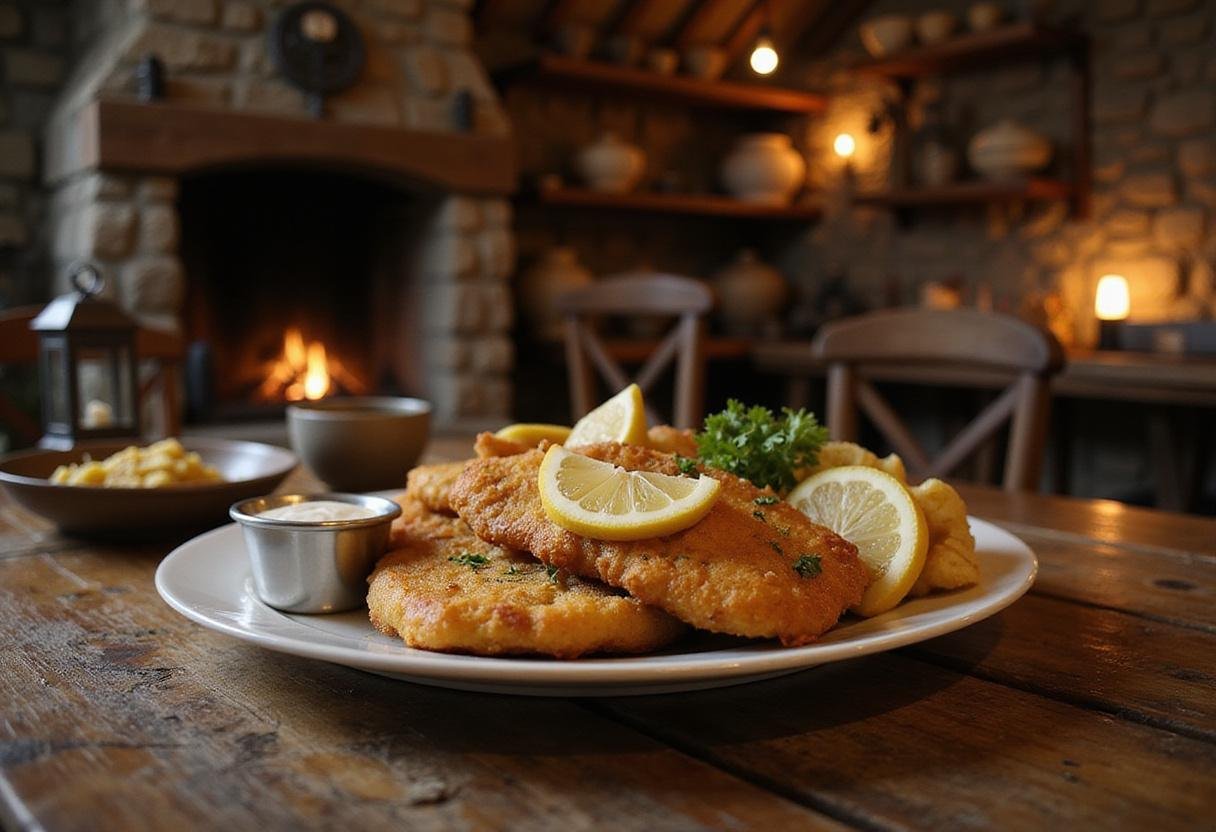 A detailed photo of The Hobbit Lake-town Fish Fry on a wooden table, showcasing crispy fish fillets with lemon slices, along with seasoned potatoes and tartar sauce, set in a cozy Hobbit kitchen with stone walls and warm lighting.