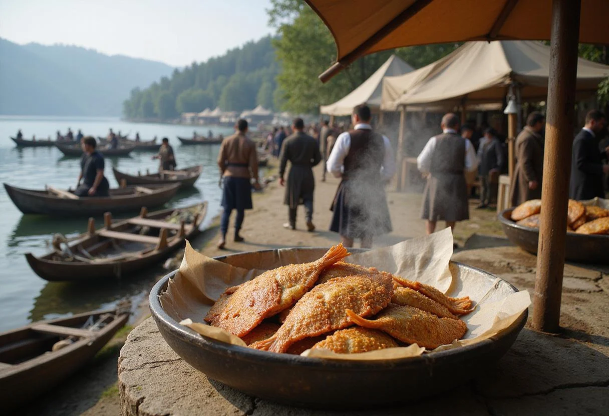 An immersive scene of Lake-town market with freshly fried fish on display, surrounded by wooden boats and tents, with villagers in medieval clothing shopping and preparing food, capturing the lively atmosphere of Hobbit-style lakeside town.