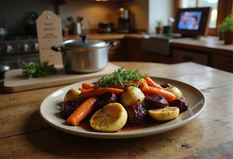 A realistic scene of roasted root vegetables plated on a wooden table in a cozy kitchen setting, inspired by the Impossible movie, with fresh herbs and warm lighting emphasizing the healthy, movie-themed dish.